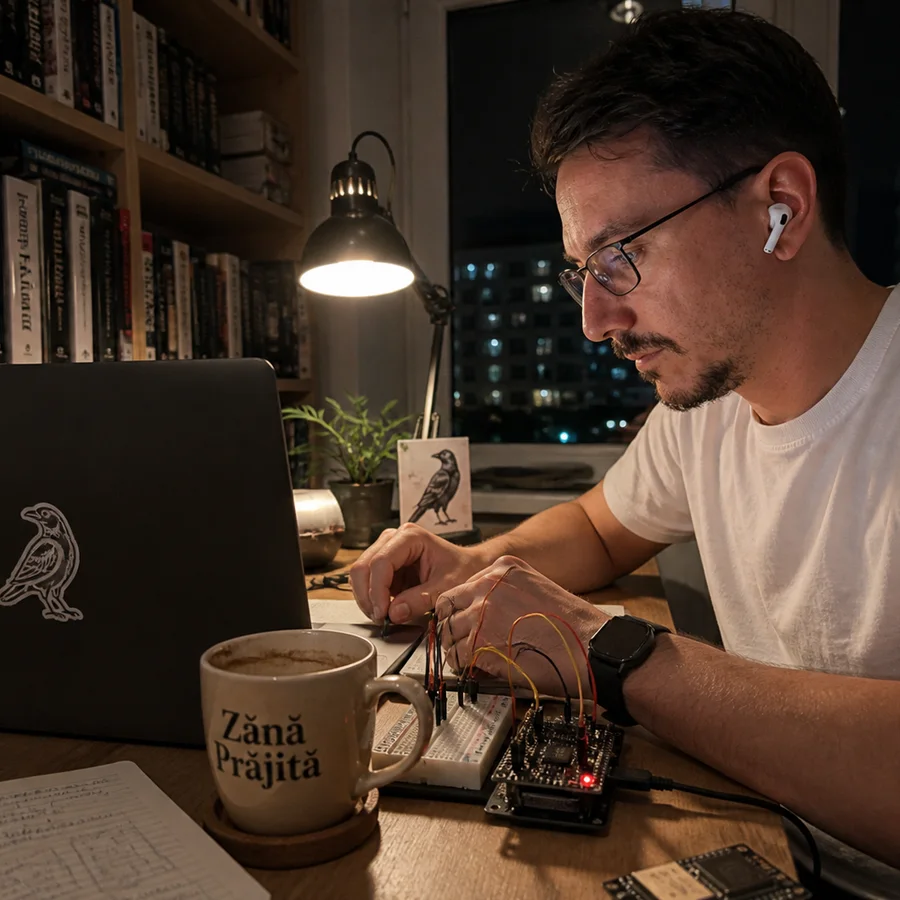 Christian working at a desk with a laptop and electronics